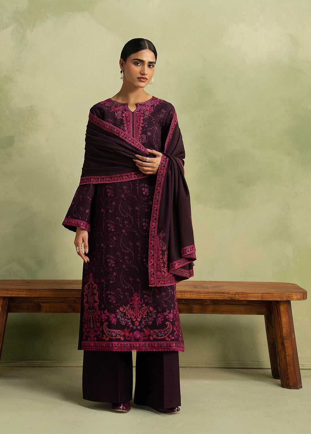 RajBari Exclusive Shawl Unstitched Embroidered Peach Leather 3 Piece Suit RB26UES 01 - Winter Collection