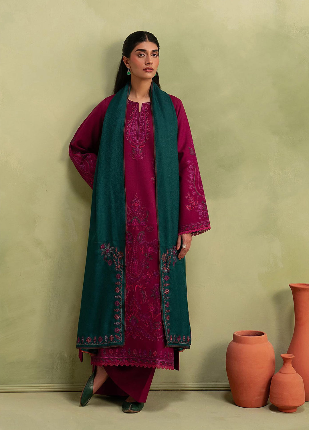 RajBari Exclusive Shawl Unstitched Embroidered Peach Leather 3 Piece Suit RB26UES 02 - Winter Collection