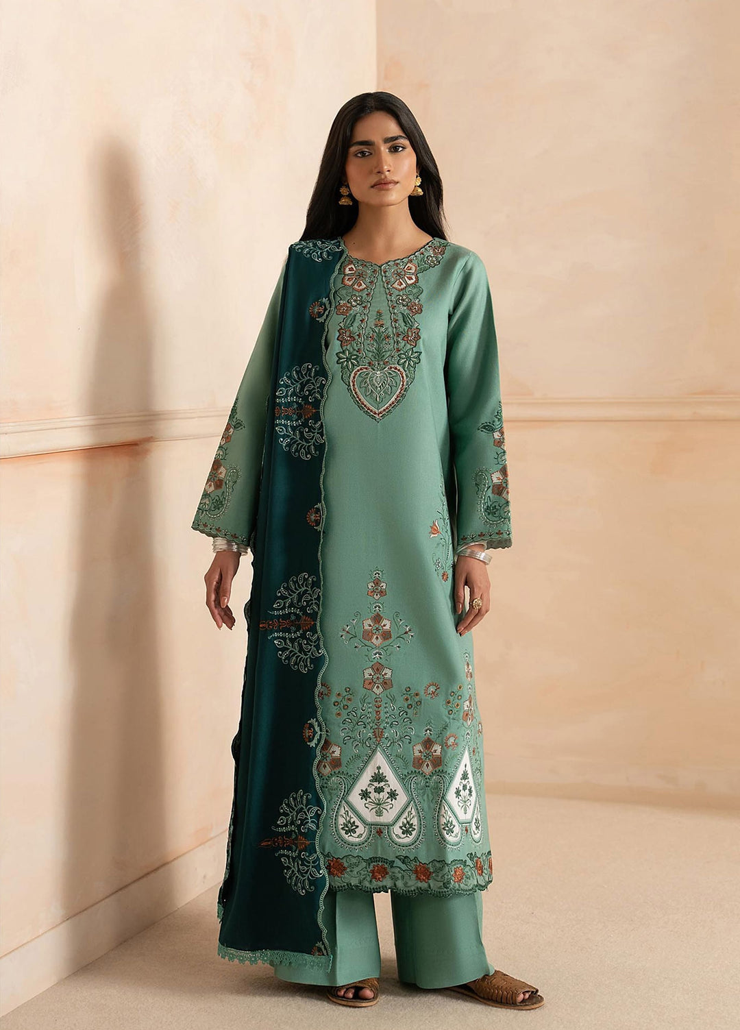 RajBari Exclusive Shawl Unstitched Embroidered Peach Leather 3 Piece Suit RB26UES 03 - Winter Collection