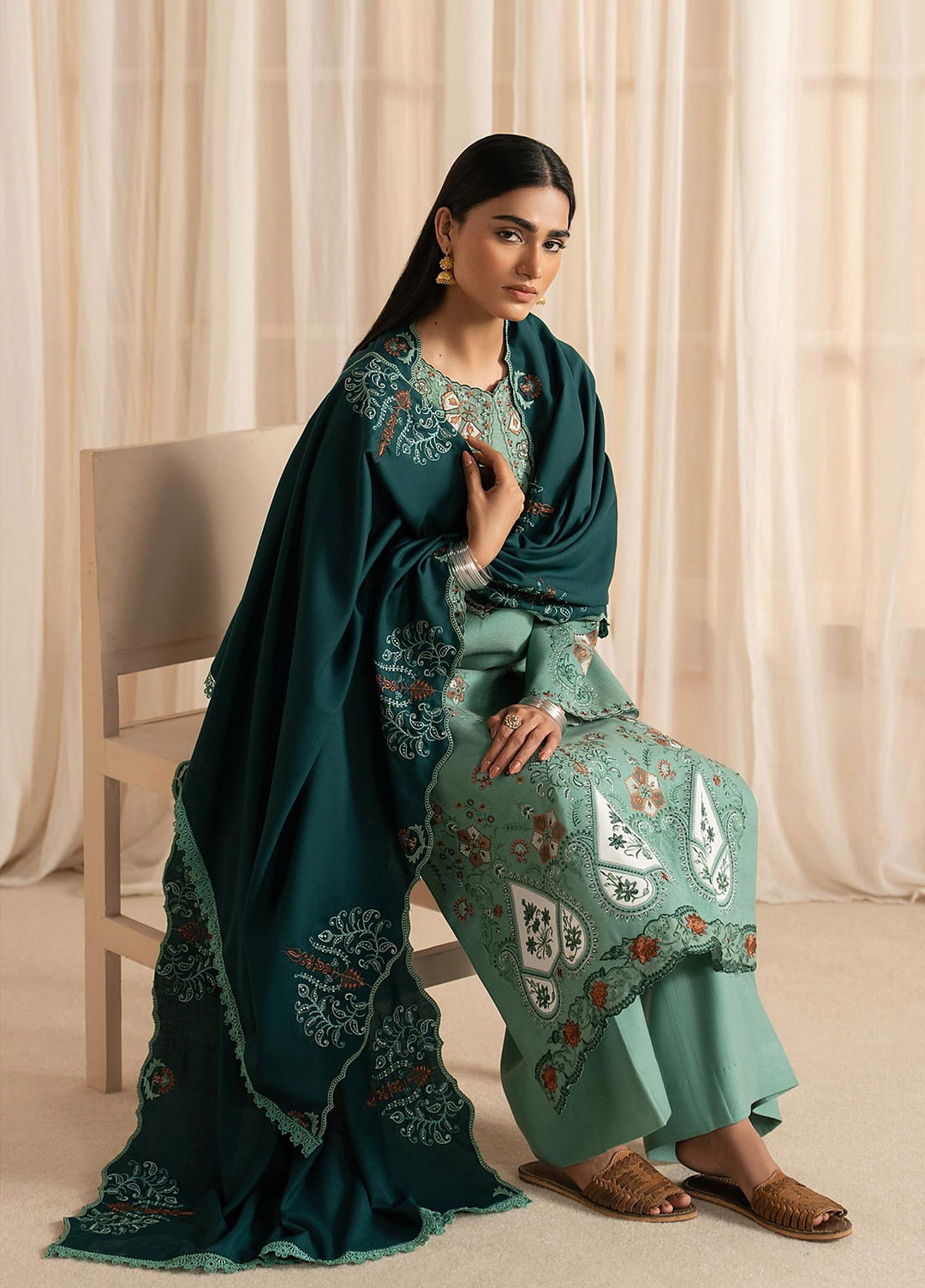 RajBari Exclusive Shawl Unstitched Embroidered Peach Leather 3 Piece Suit RB26UES 03 - Winter Collection