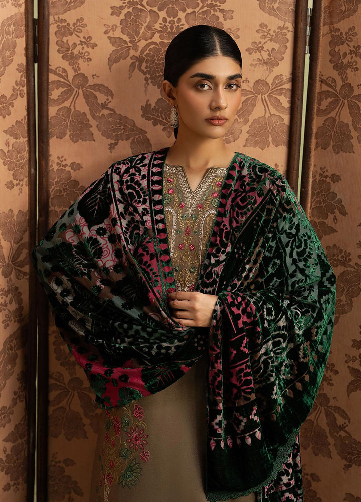 RajBari Exclusive Shawl Unstitched Embroidered Peach Leather 3 Piece Suit RB26UES 04 - Winter Collection