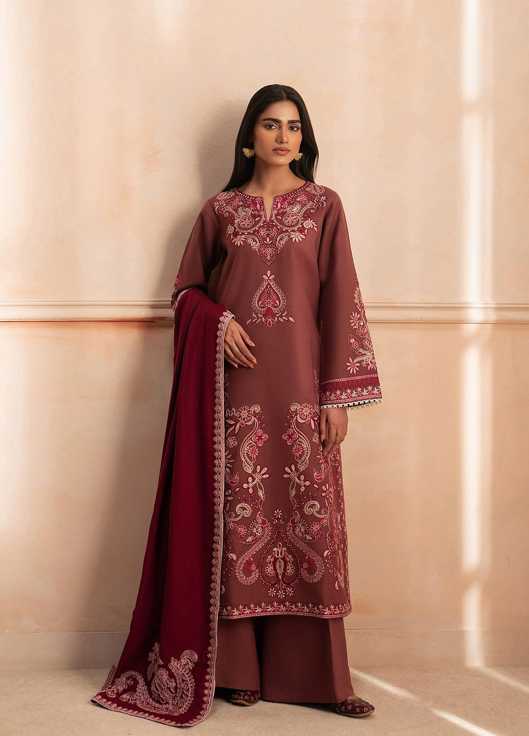 RajBari Exclusive Shawl Unstitched Embroidered Khaddar 3 Piece Suit RB26UES 09 - Winter Collection