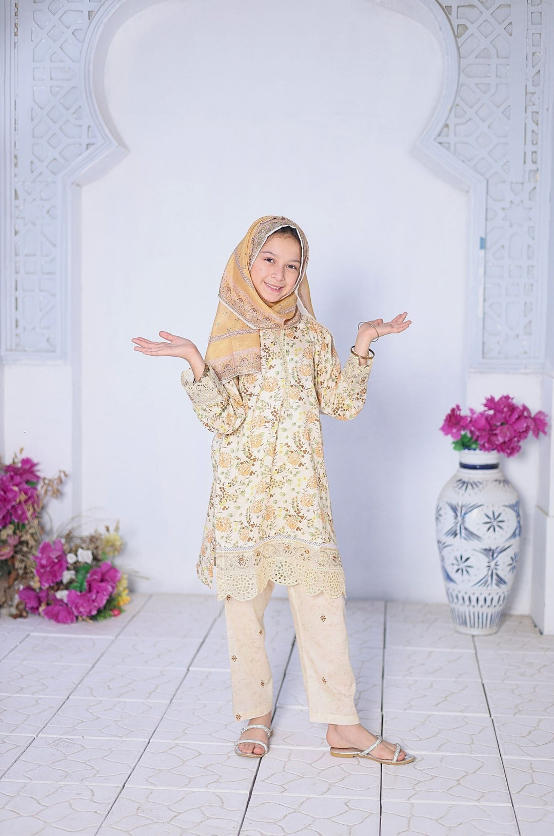 Me and Mummy by Suntex Fabrics RTW Embroidered Lawn 3 Piece Suit Fuchsia Cream-Girls Casual Collection