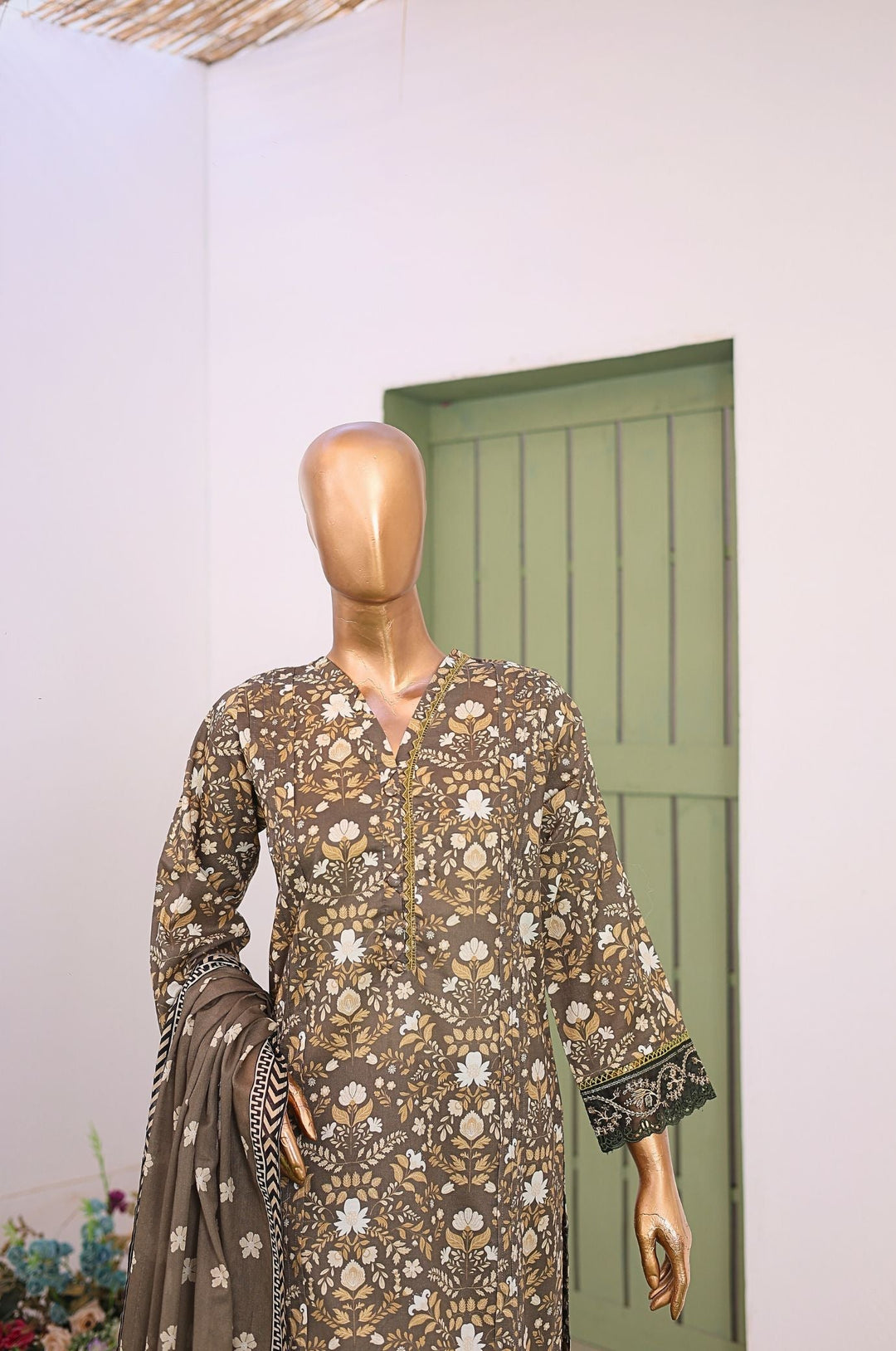 Me and Mummy by Suntex Fabrics RTW Embroidered Lawn 3 Piece Suit Olive Green-Women Casual Collection