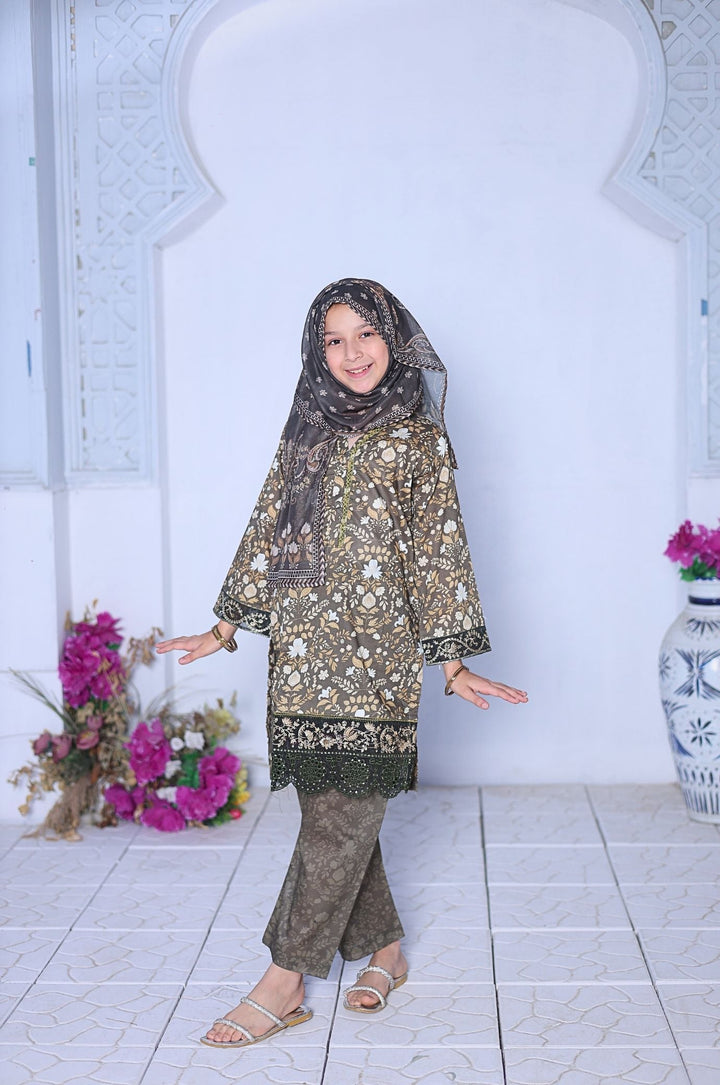 Me and Mummy by Suntex Fabrics RTW Embroidered Lawn 3 Piece Suit Green-Girls Casual Collection