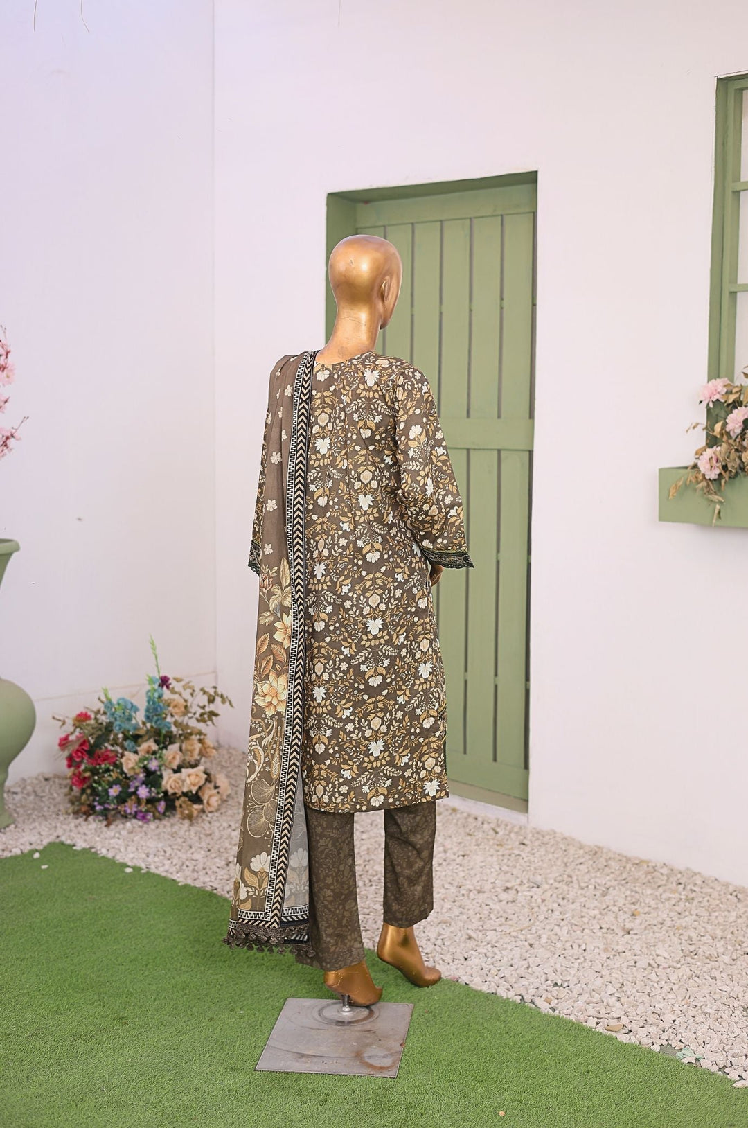 Me and Mummy by Suntex Fabrics RTW Embroidered Lawn 3 Piece Suit Olive Green-Women Casual Collection