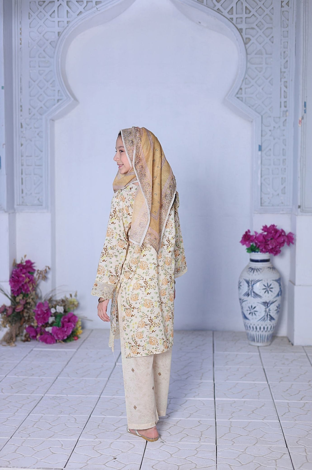 Me and Mummy by Suntex Fabrics RTW Embroidered Lawn 3 Piece Suit Fuchsia Cream-Girls Casual Collection