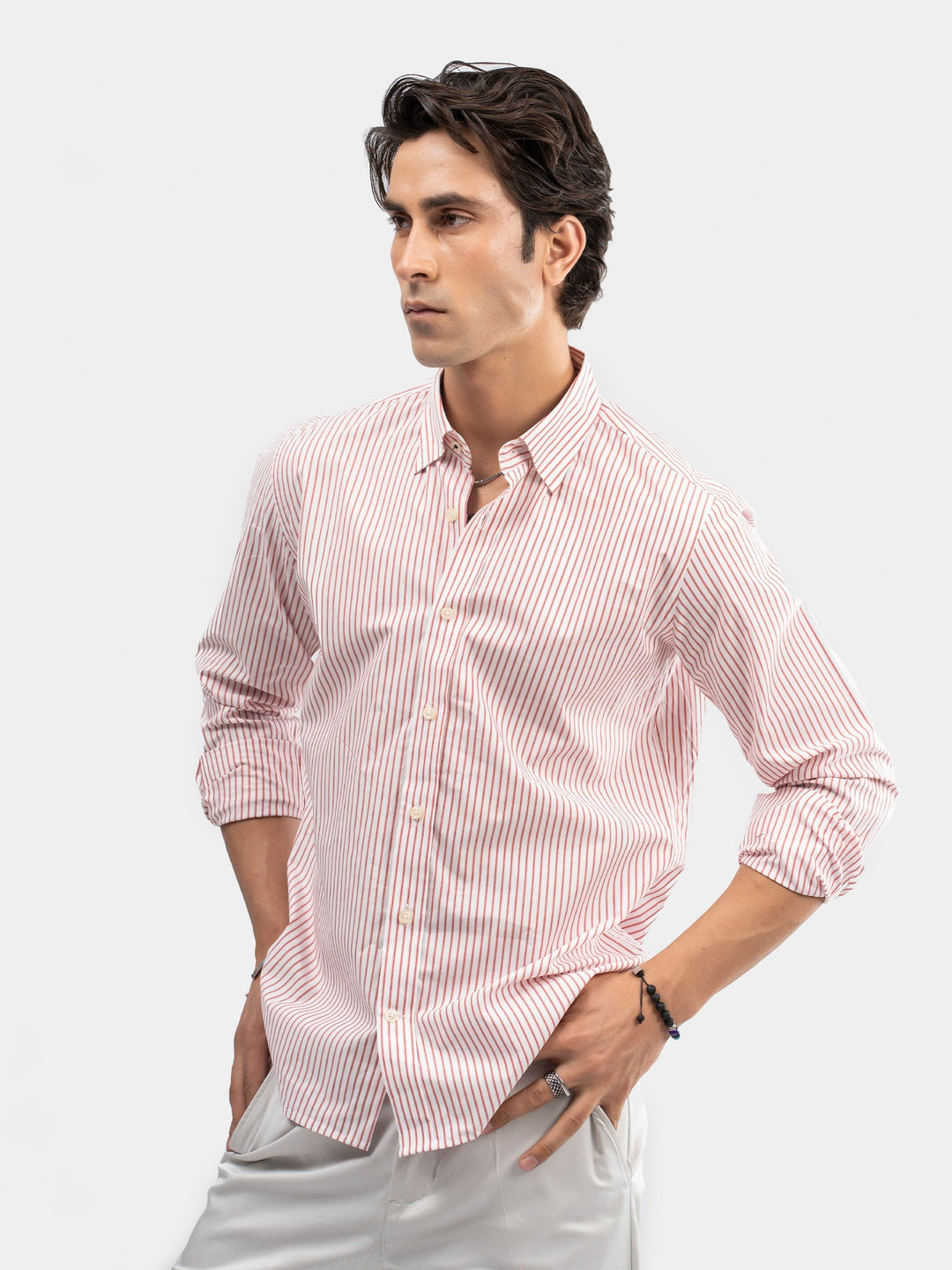 Brumano Mens RTW Solids Linen Shirt Red & White Striped Casual Collection