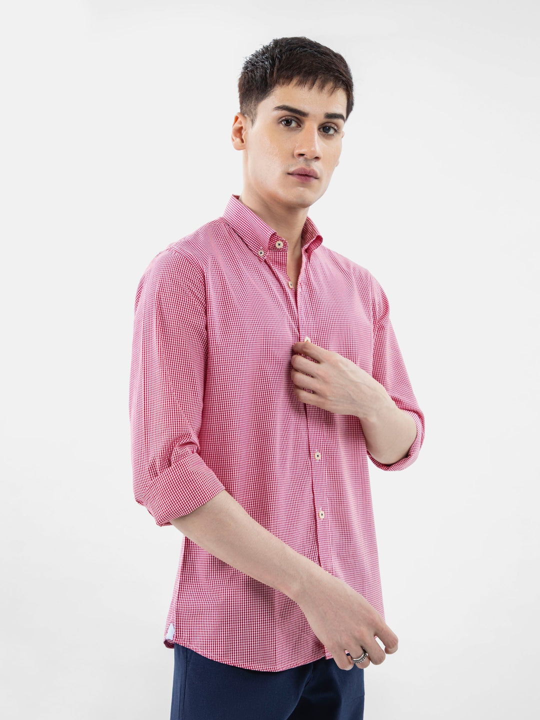 Brumano Mens RTW Solids Cotton Shirt Red Gingham Down Button Casual Collection