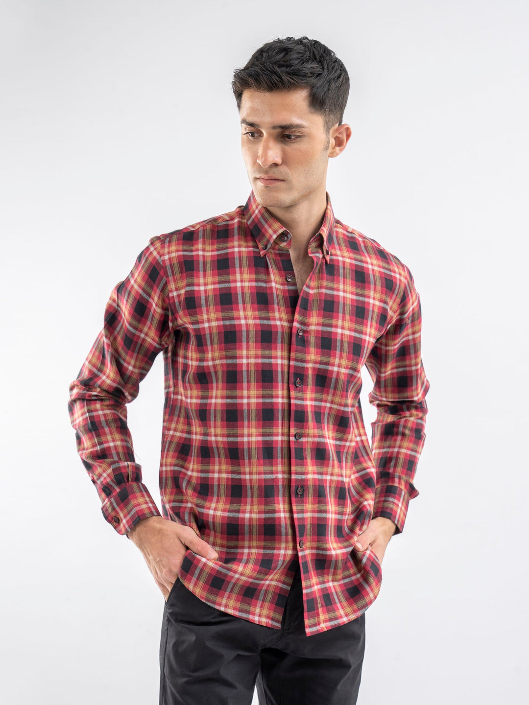 Brumano Mens RTW Solids Cotton Shirt Red Light Weight Checkered Casual Collection