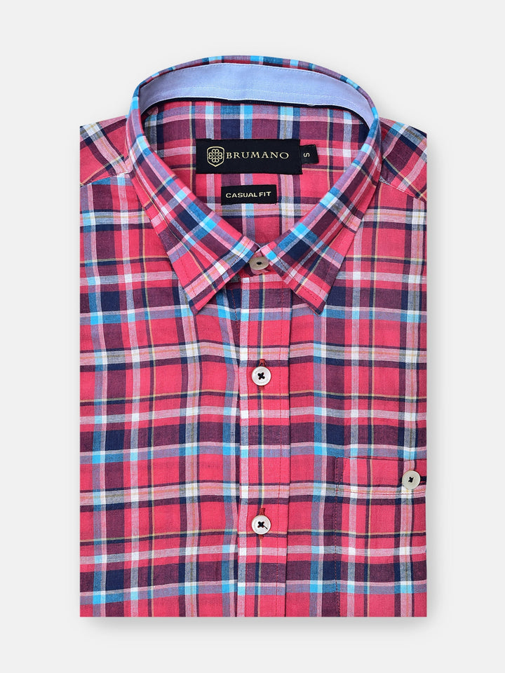 Brumano Ready To Wear Shirts Men 1 Piece Cotton Red Tartan Plaid Light Weight Seersucked Shirt 0-31-024-3339 - Summer Collection
