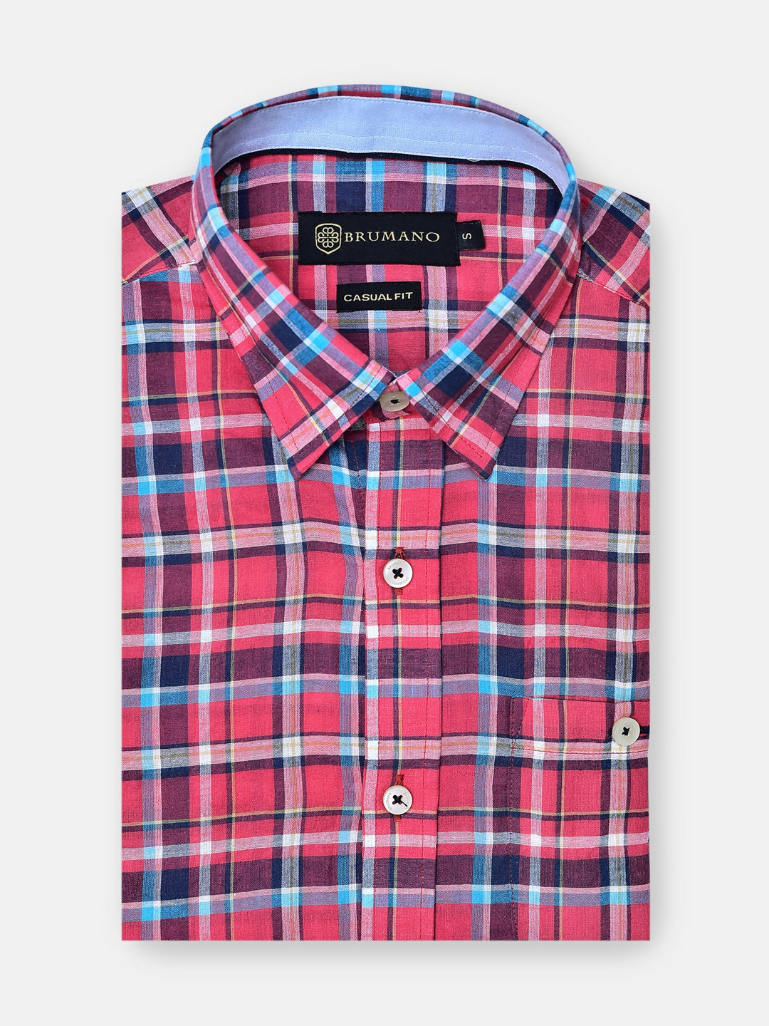 Brumano Mens RTW Solids Cotton Shirt Red Tartan Plaid Seersucked Casual Collection
