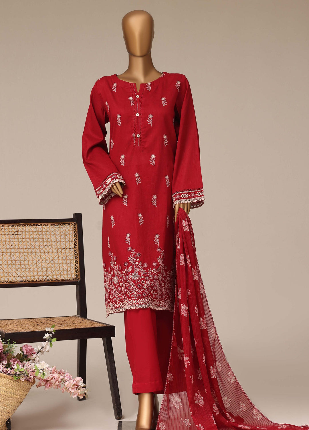 HZ Textiles RTW Chikankari Lawn 3 Piece Suit HZ26PCL RED GLOW SBE-3P-074 - Casual Collection