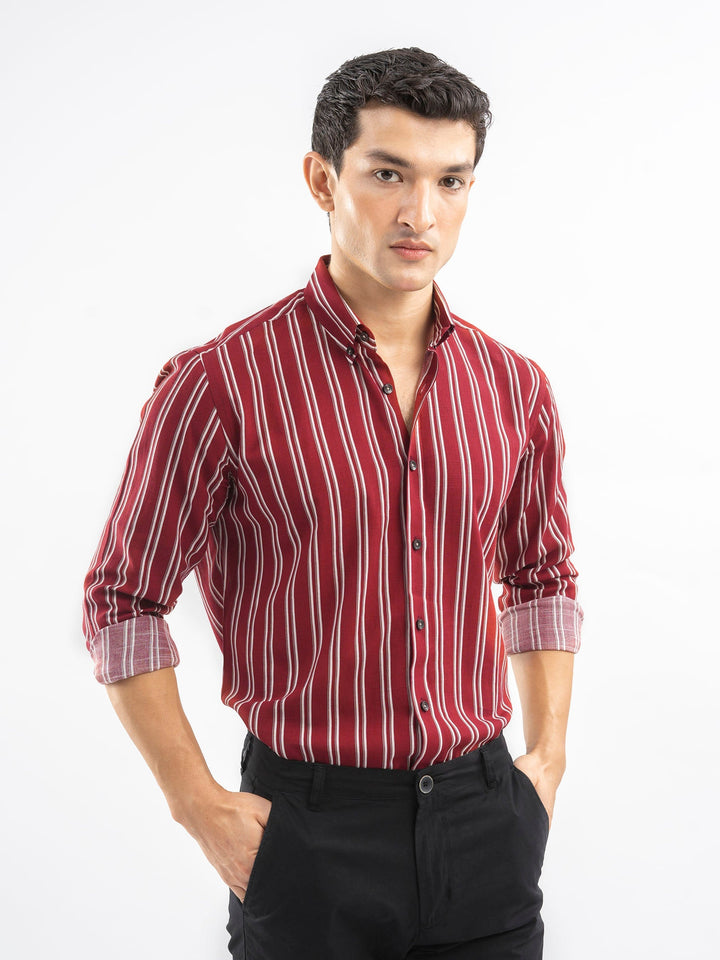 Brumano Ready To Wear Shirts Men 1 Piece Cotton Red & White Bold Striped Button Down Shirt 0-31-025-4404 - Summer Collection