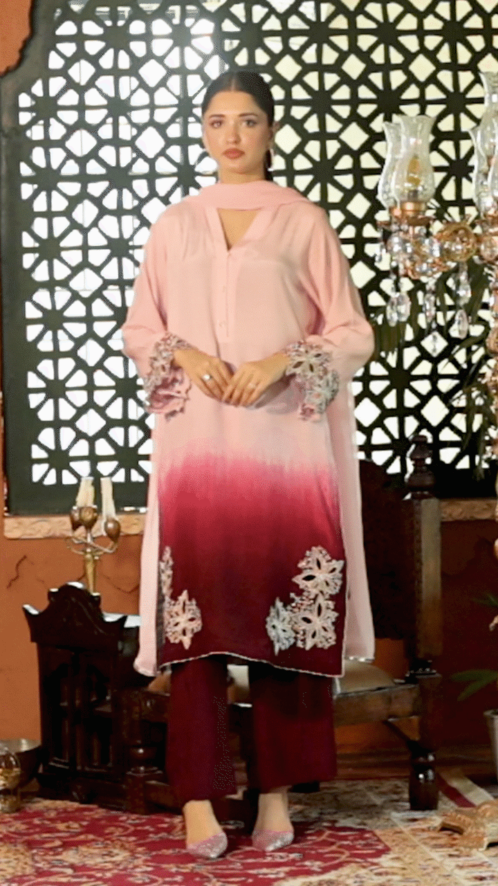 Jashn e Eid by Reezas Women Embroidered Lawn Silk 3 Piece Rang-e-baharan pink ombre - Summer Collection