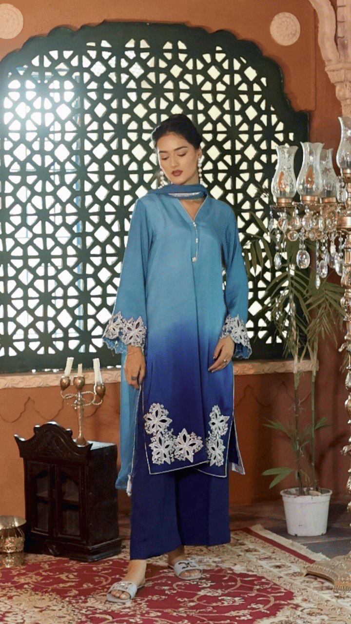 Jashn e Eid by Reezas Women Embroidered Lawn Silk 3 Piece Rang-e-baharan blue ombre - Summer Collection