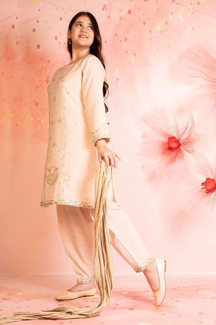 Ochre Girls RTW Cotton 3 Piece Suit Beige Cey Cotton Kurta With Embroidery - Festive Collection