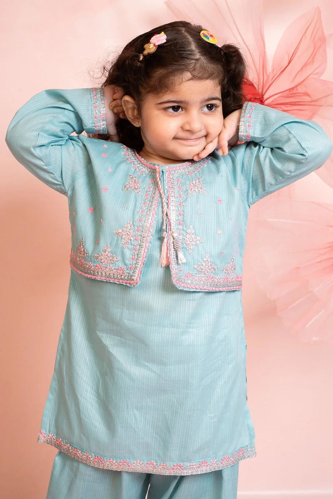 Ochre Girls RTW Cotton 3 Piece Suit Blue Cotton Kurta With Embroidered Koti - Festive Collection
