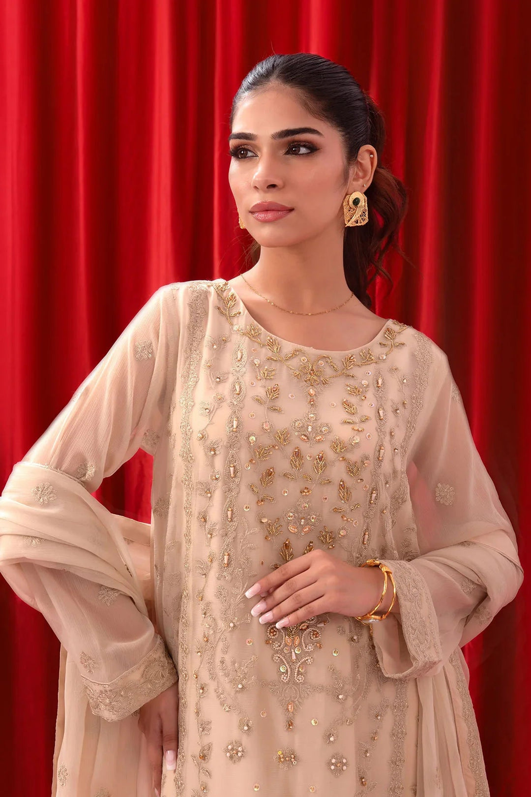 Ochre RTW Embroidered Girls 3 Piece Chiffon Adda Work SOF-05 - Summer Collection