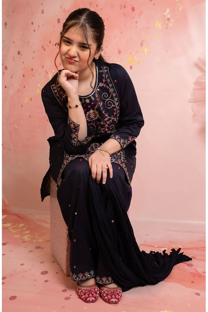 Ochre Girls RTW Cotton 3 Piece Suit Navy Blue Cotton Kurta With Embroidery - Festive Collection