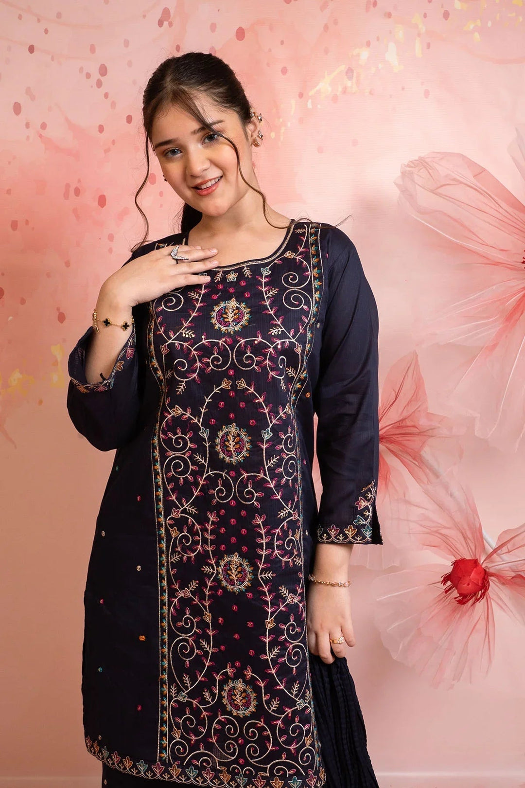 Ochre Girls RTW Cotton 3 Piece Suit Navy Blue Cotton Kurta With Embroidery - Festive Collection