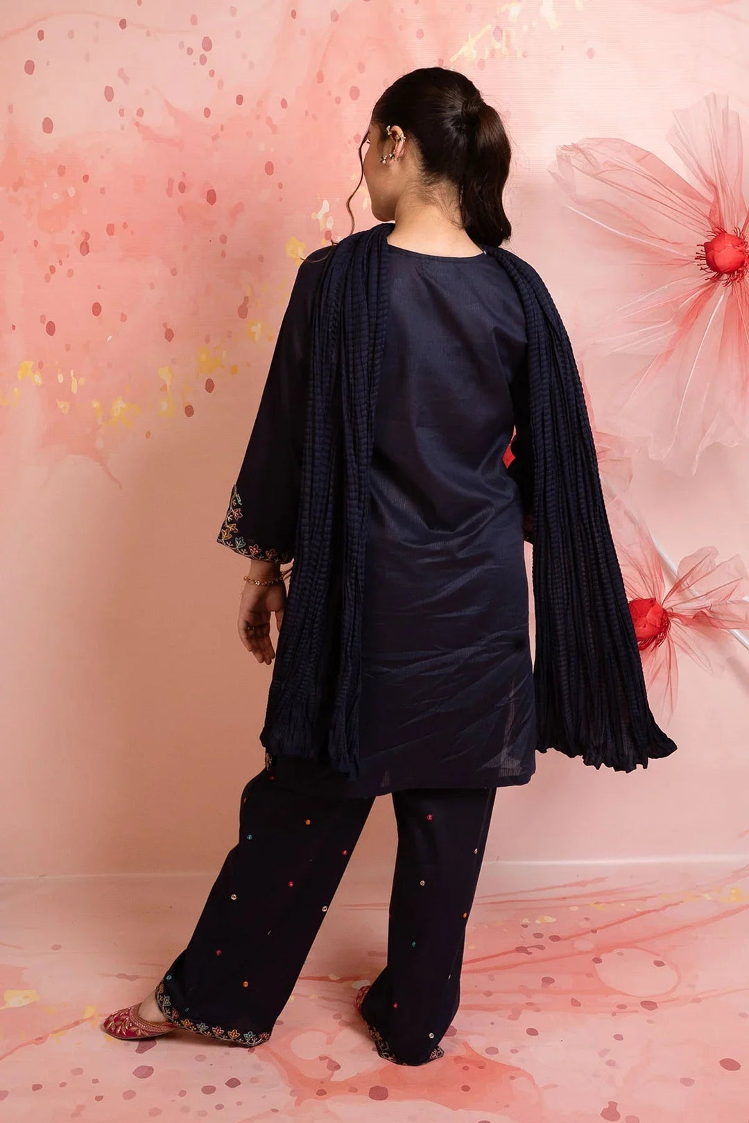 Ochre Girls RTW Cotton 3 Piece Suit Navy Blue Cotton Kurta With Embroidery - Festive Collection