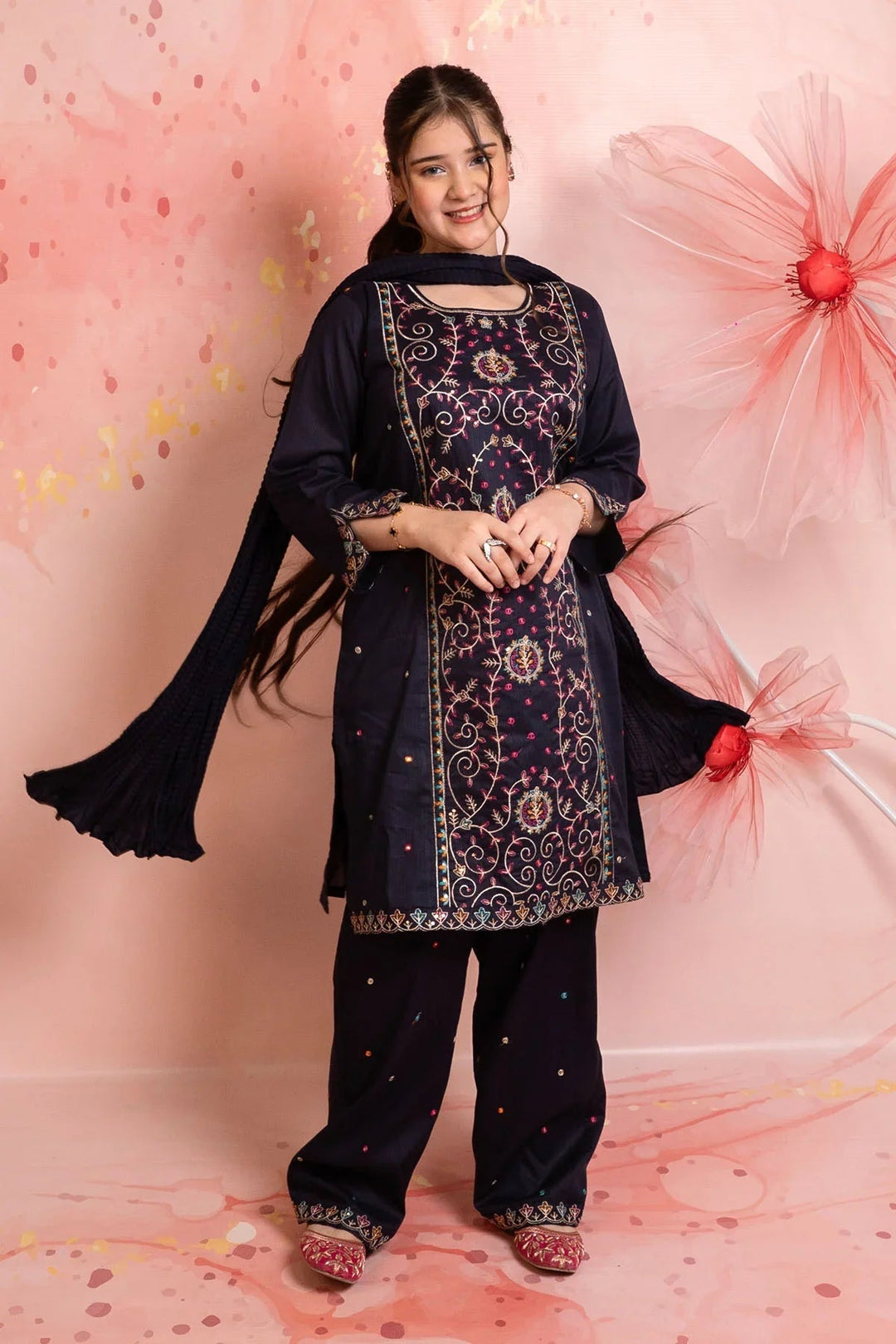 Ochre Girls RTW Cotton 3 Piece Suit Navy Blue Cotton Kurta With Embroidery - Festive Collection