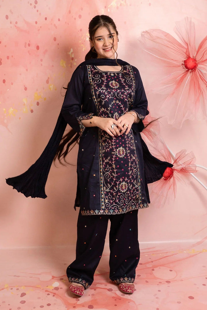 Ochre Girls RTW Cotton 3 Piece Suit Navy Blue Cotton Kurta With Embroidery - Festive Collection