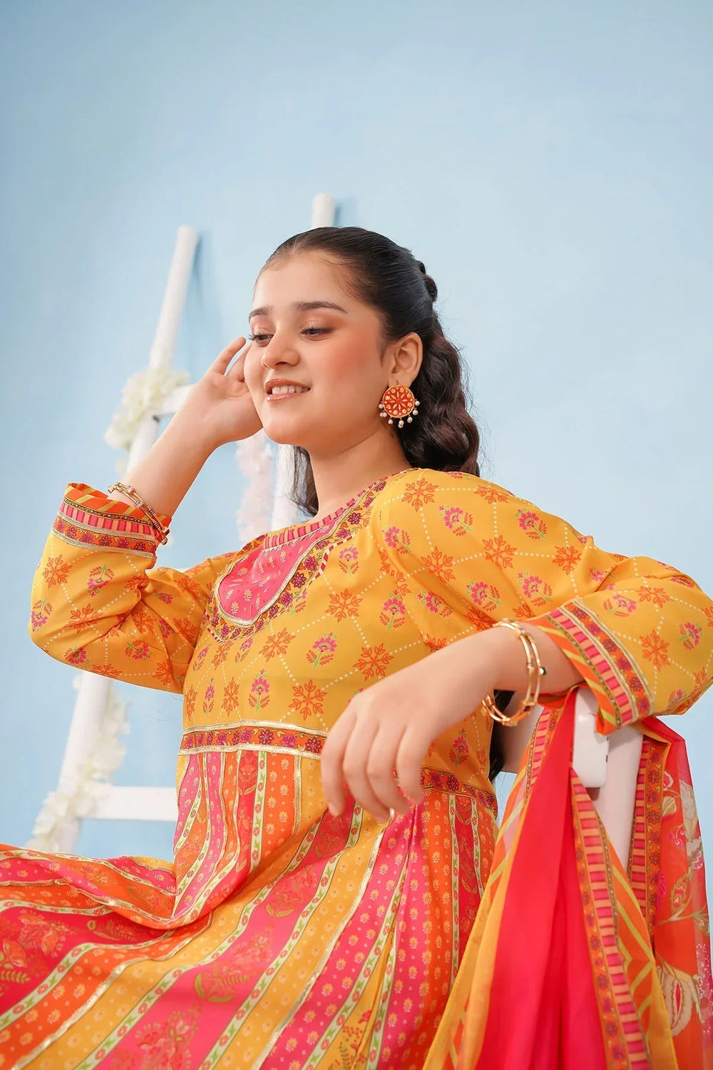 Ochre Girls RTW Poly 3 Piece Suit Mustard Yellow Poly Lawn Digital Printed Maxi with Gota Laces - Festive Collection