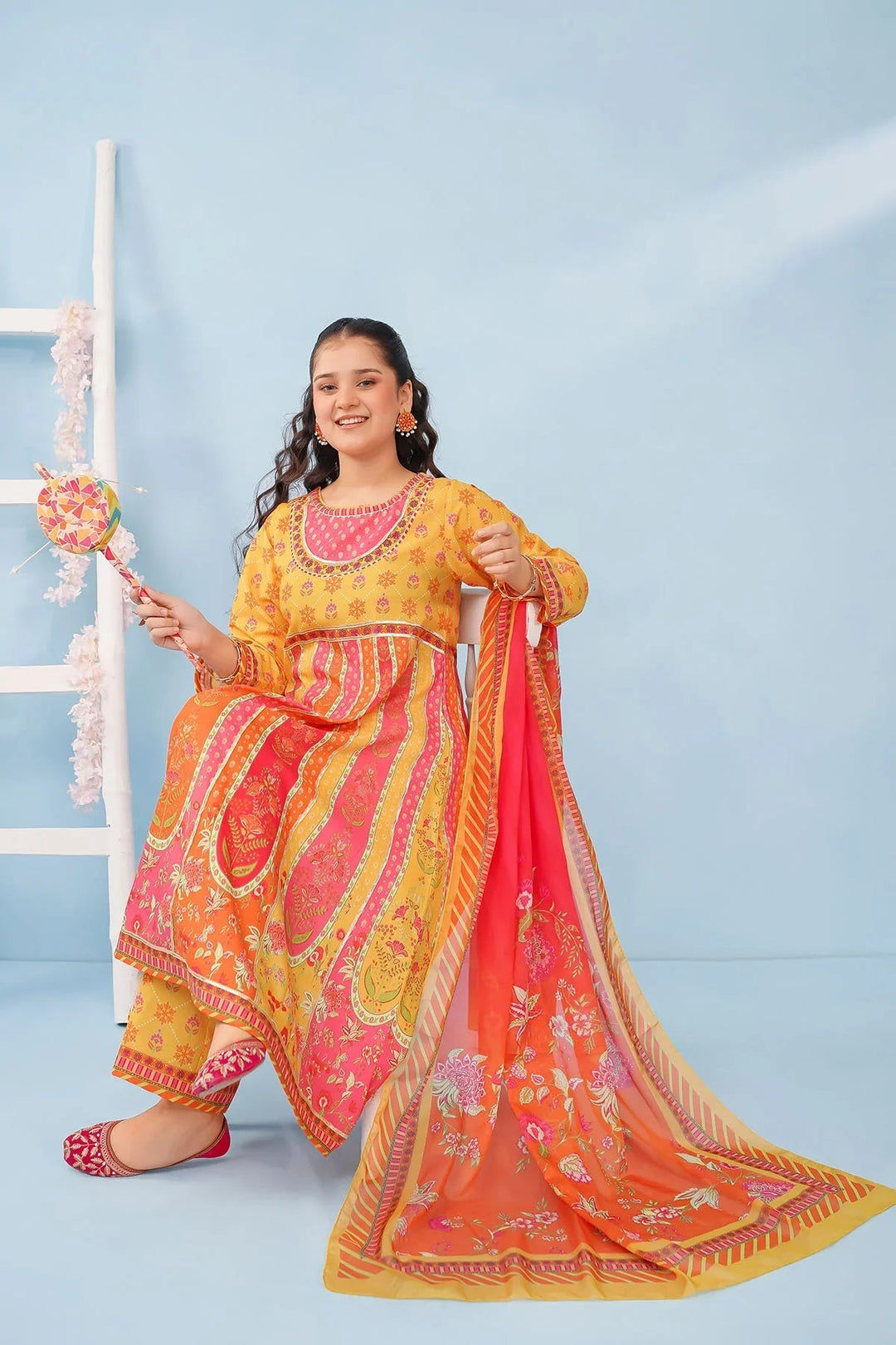Ochre Girls RTW Poly 3 Piece Suit Mustard Yellow Poly Lawn Digital Printed Maxi with Gota Laces - Festive Collection