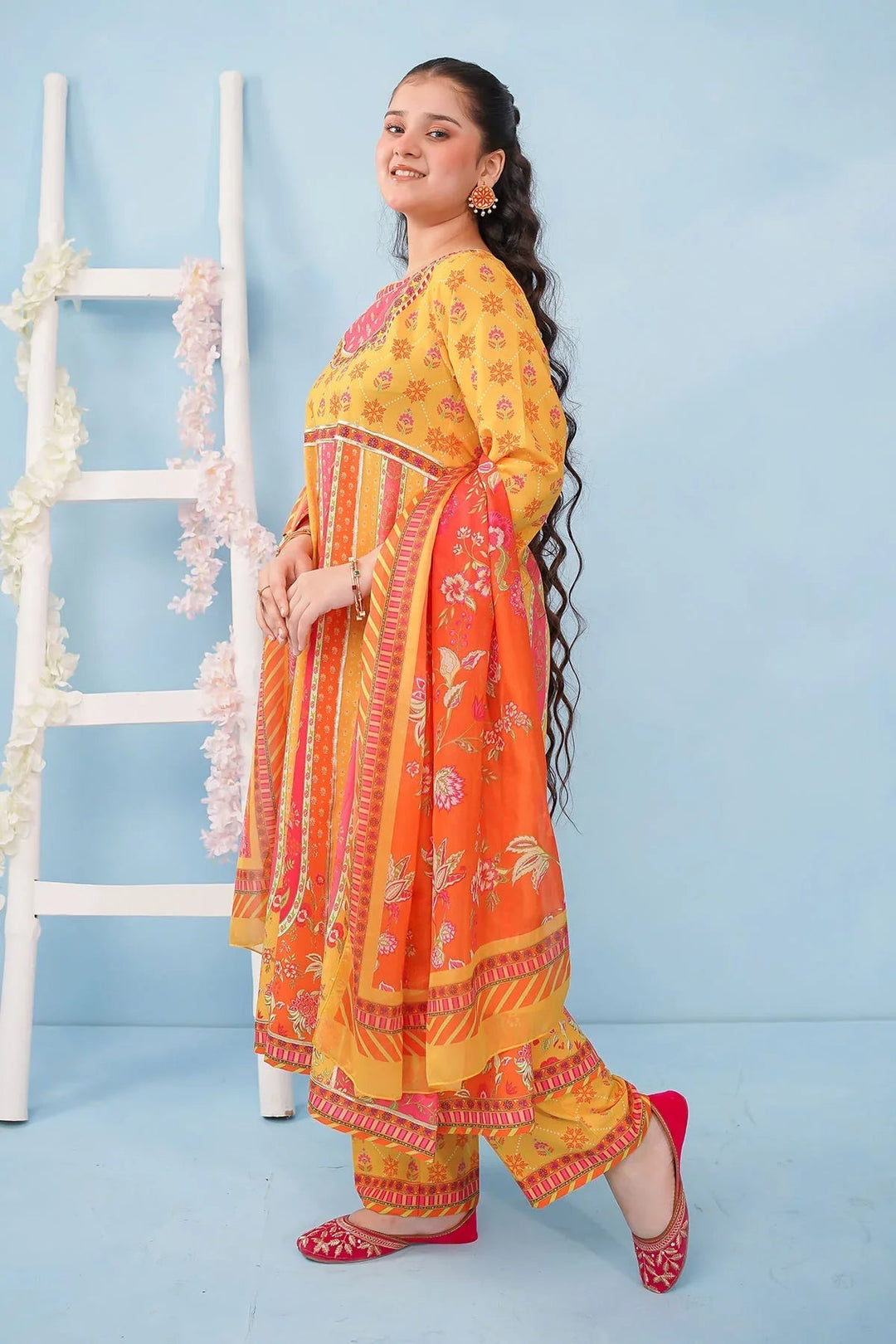 Ochre Girls RTW Poly 3 Piece Suit Mustard Yellow Poly Lawn Digital Printed Maxi with Gota Laces - Festive Collection