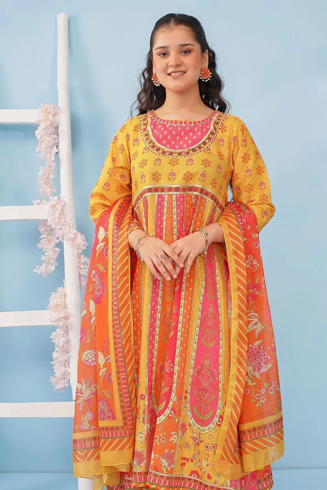 Ochre Girls RTW Poly 3 Piece Suit Mustard Yellow Poly Lawn Digital Printed Maxi with Gota Laces - Festive Collection