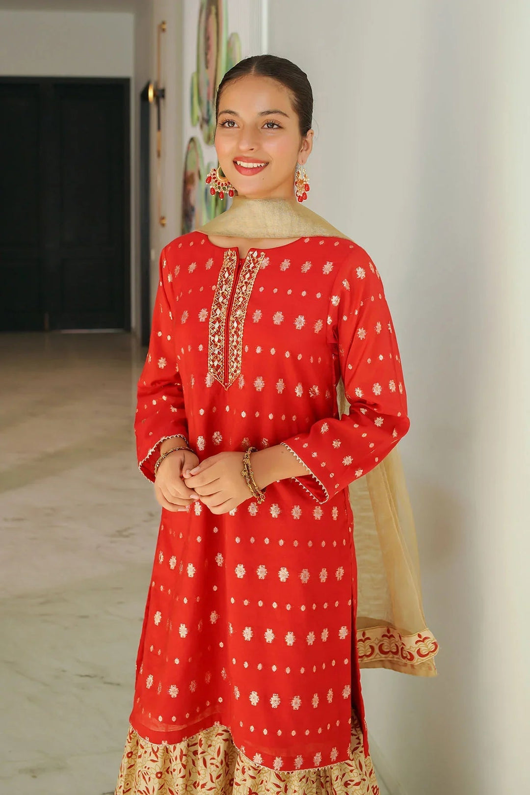 Ochre RTW Embroidered Girls 3 Piece Jacquard Hand Adda Work SHD-08 - Winter Collection