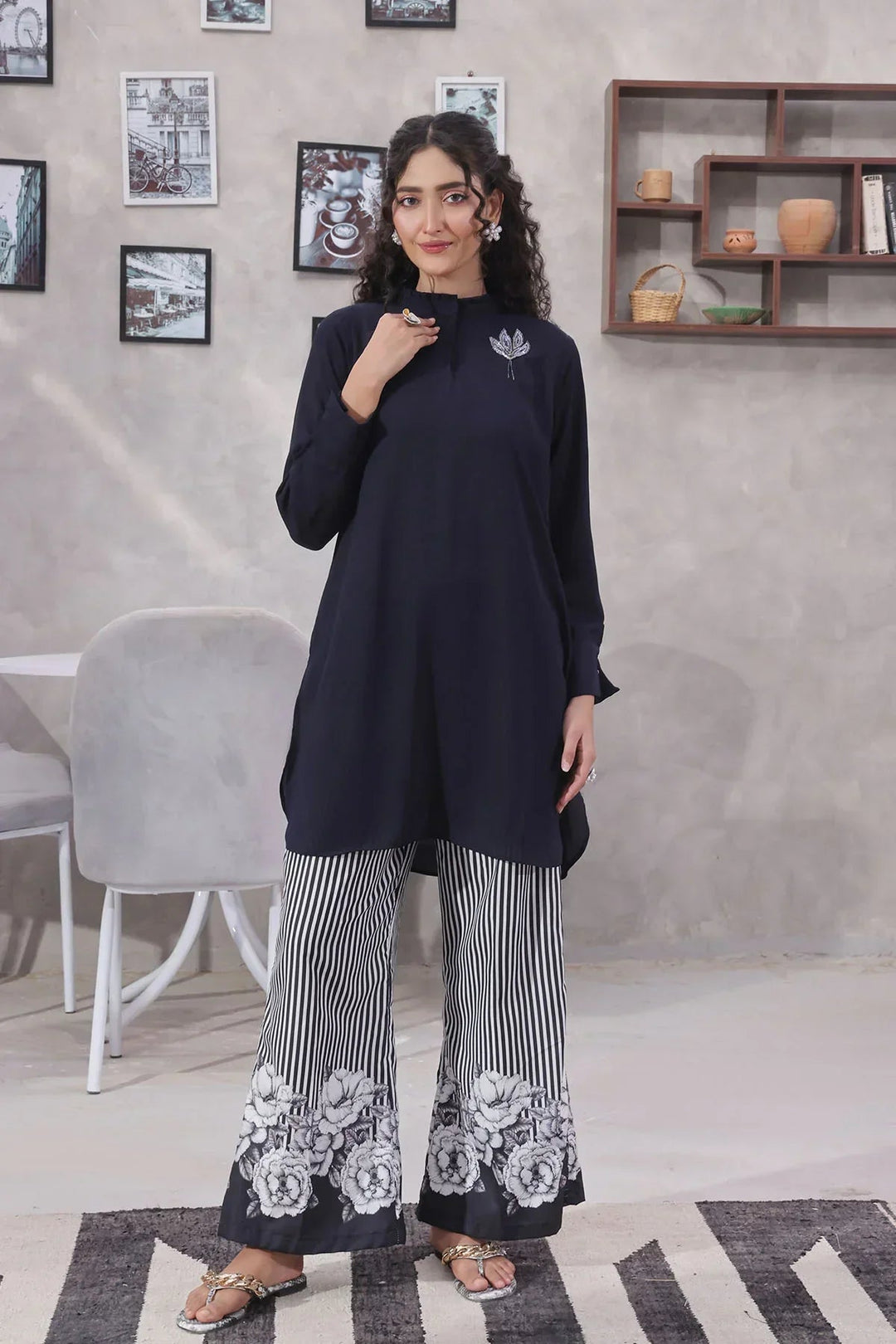 Ochre Women RTW Georgette 2 Piece Suit Navy Blue Georgette Hand Adda Work - Festive Collection