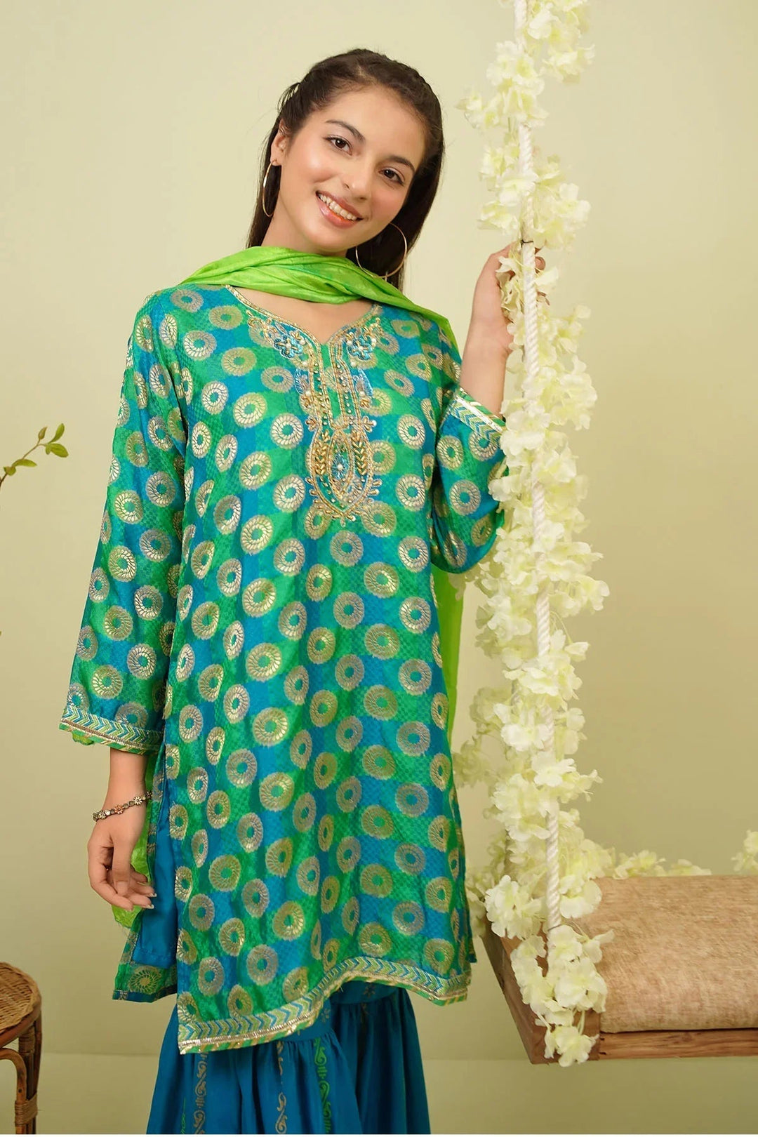 Ochre RTW Printed Girls 3 Piece Jacquard Hand Adda Work OFW-510 - Winter Collection