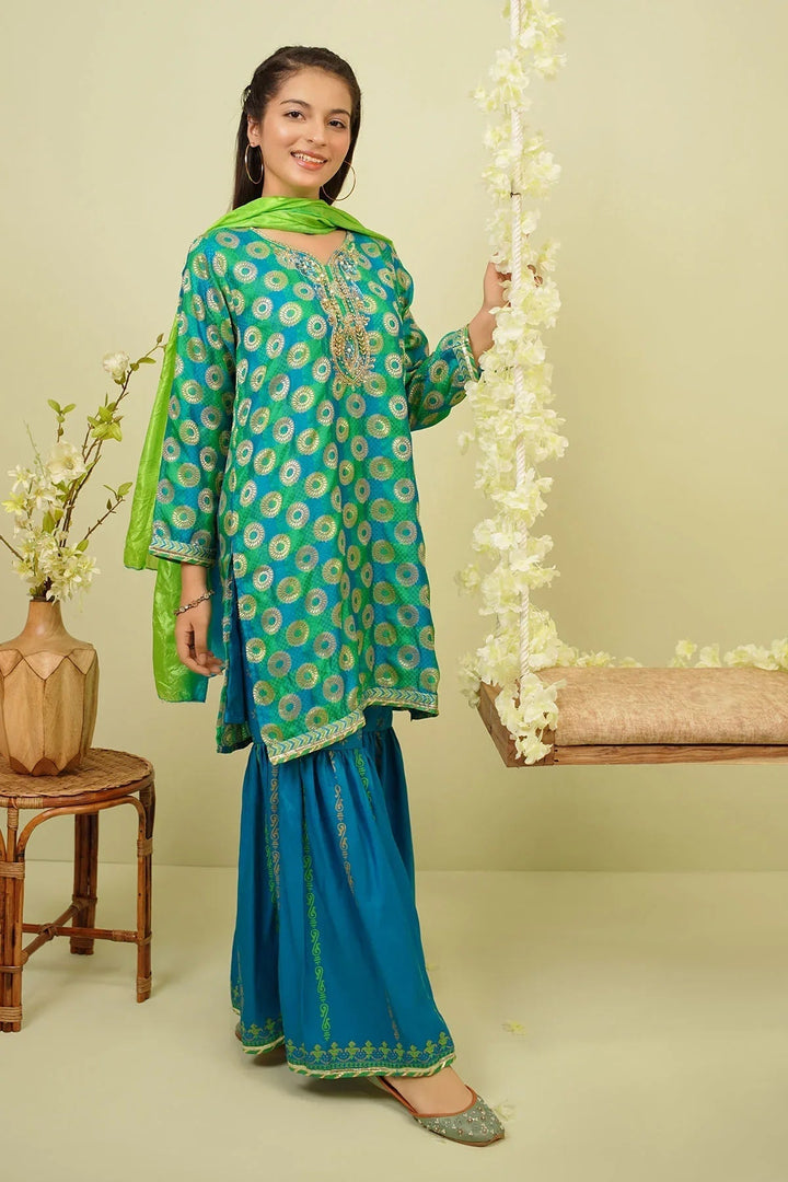 Ochre RTW Printed Girls 3 Piece Jacquard Hand Adda Work OFW-510 - Winter Collection