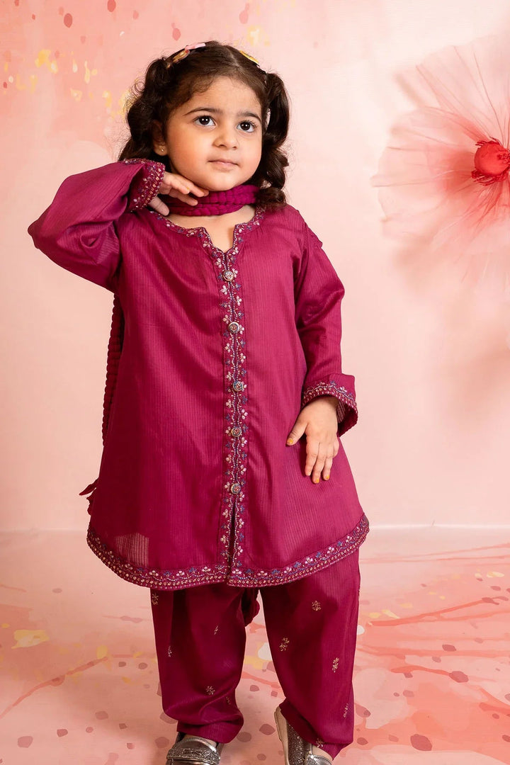 Ochre Girls RTW Cotton 3 Piece Suit Magenta Cotton Kurta With Embroidery - Festive Collection