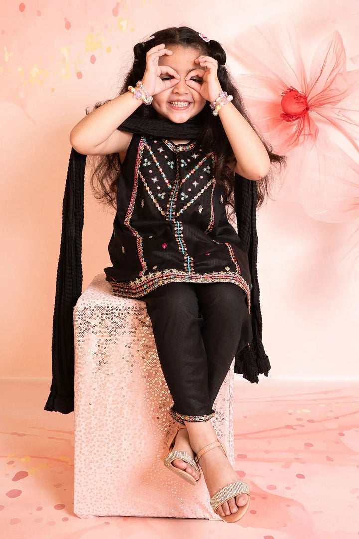 Ochre Girls RTW Cotton 3 Piece Suit Black Cotton Kurta - Festive Collection