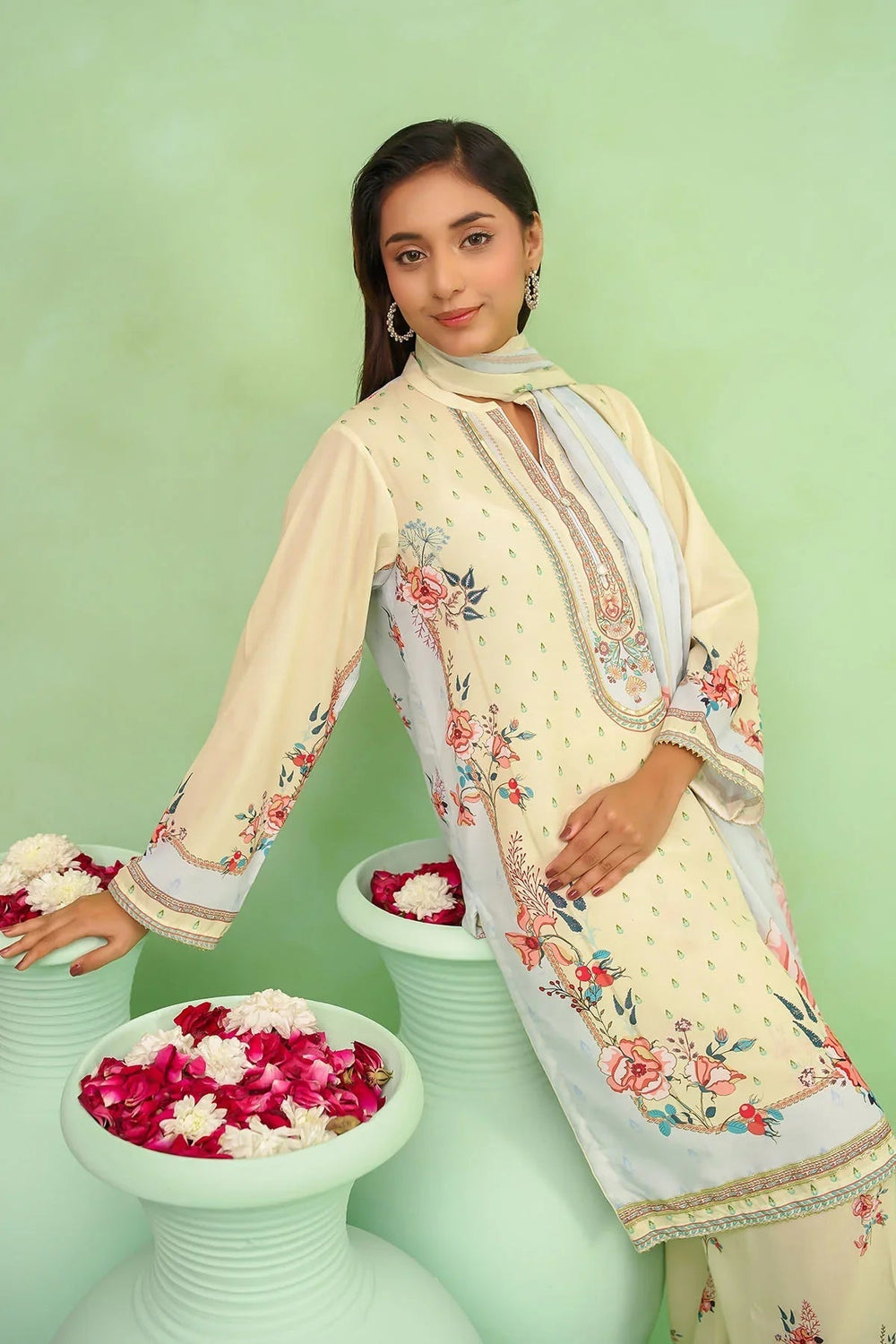 Ochre Women RTW Georgette 3 Piece Suit Lime Yellow Georgette Digital Printed 3 Pc Suit - Festive Collection