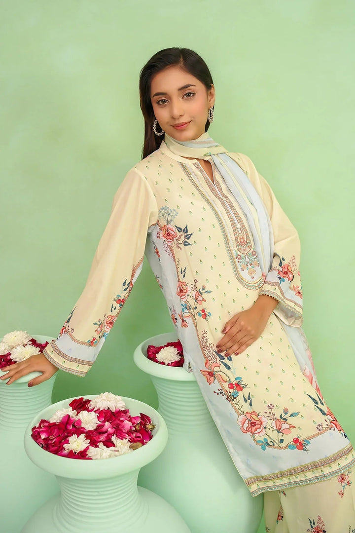 Ochre Women RTW Georgette 3 Piece Suit Lime Yellow Georgette Digital Printed 3 Pc Suit - Festive Collection