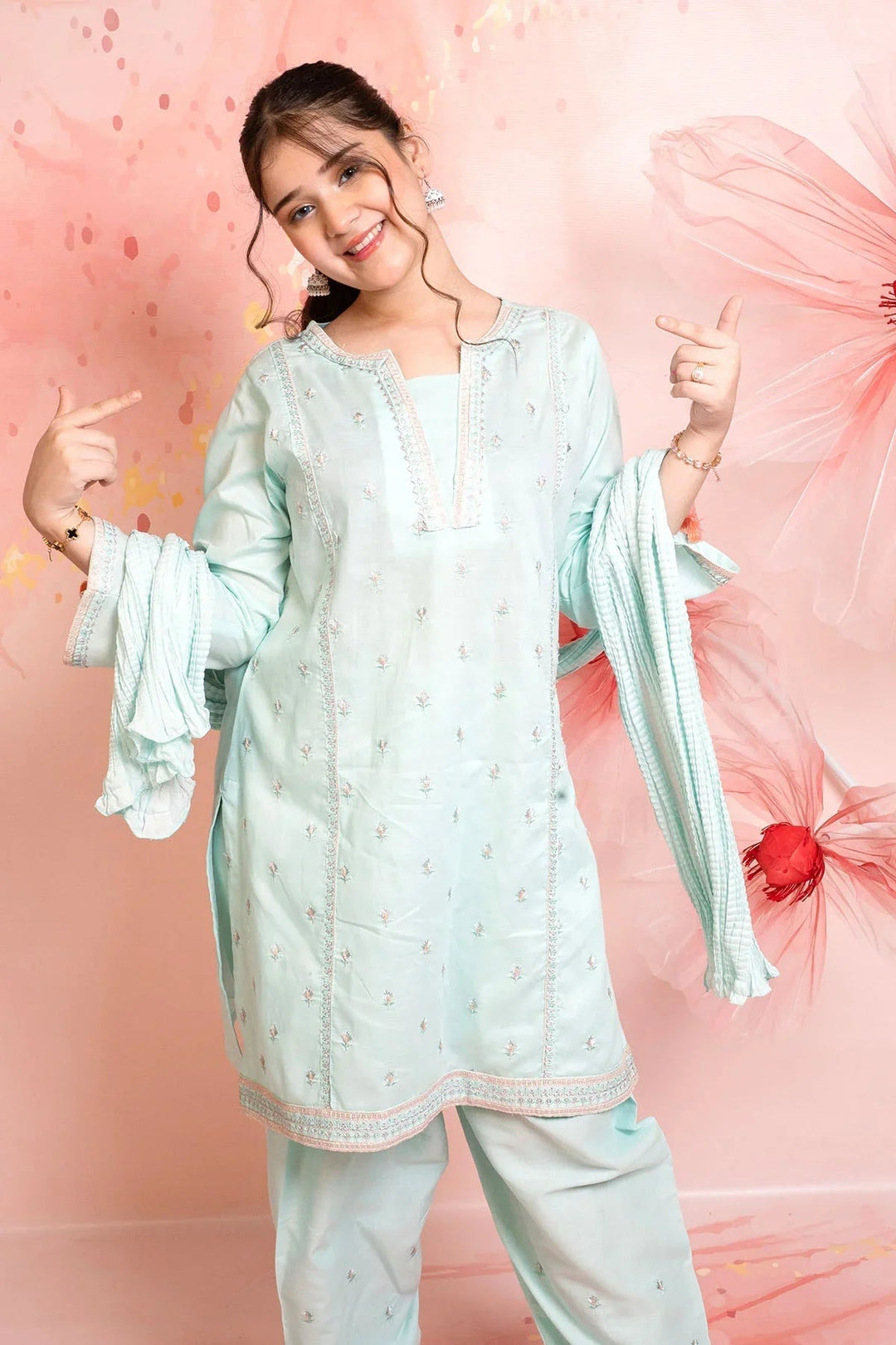 Ochre Girls RTW Cotton 3 Piece Suit Mint Cotton Kurta With Embroidery - Festive Collection