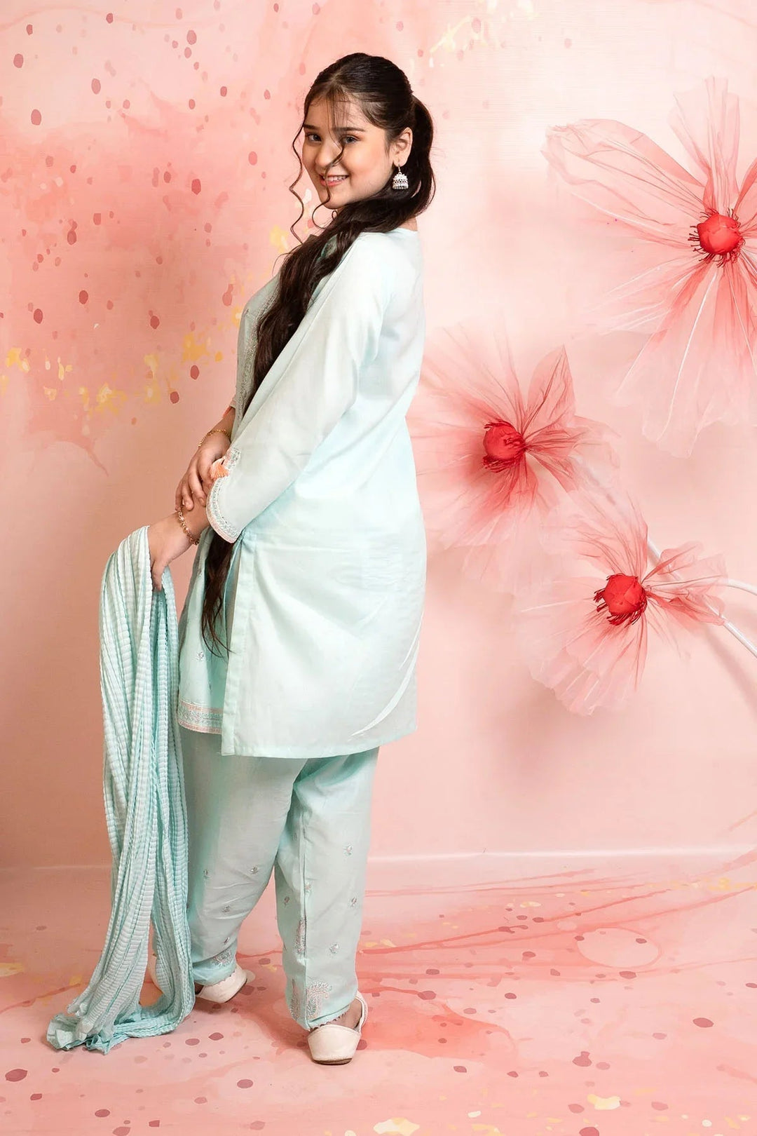 Ochre Girls RTW Cotton 3 Piece Suit Mint Cotton Kurta With Embroidery - Festive Collection