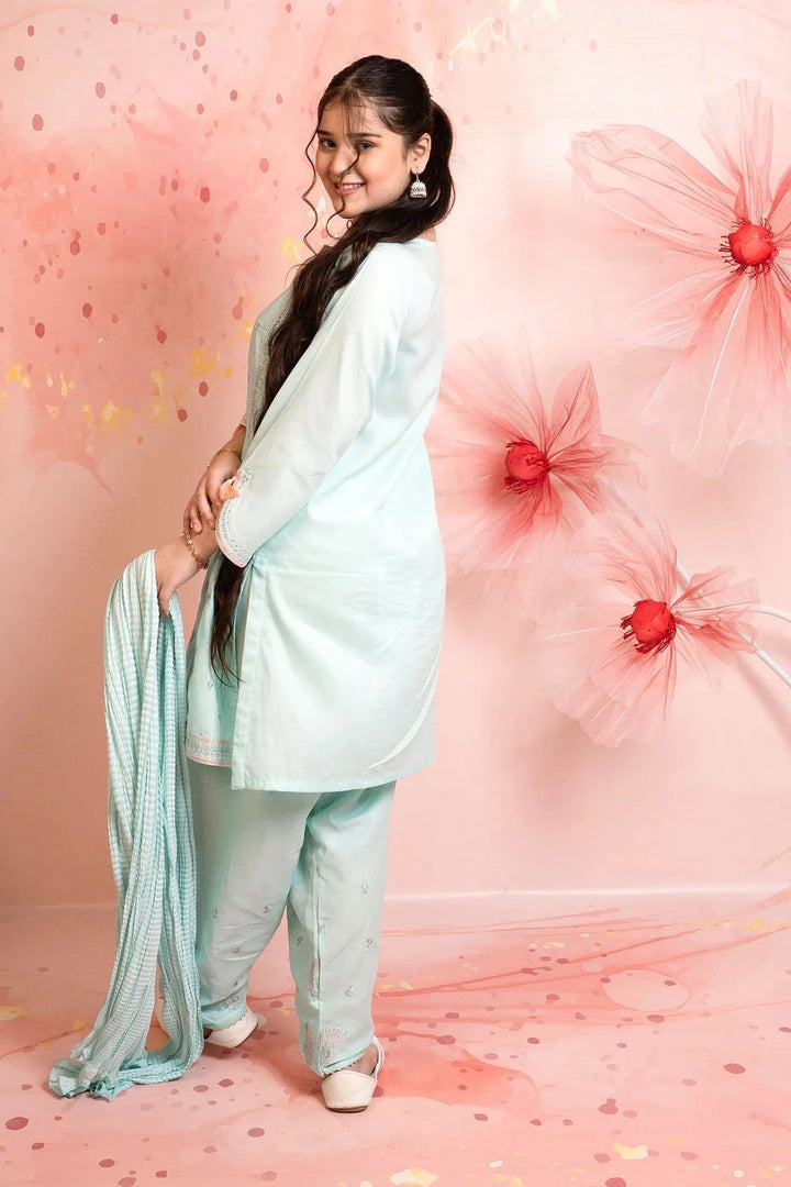 Ochre Girls RTW Cotton 3 Piece Suit Mint Cotton Kurta With Embroidery - Festive Collection
