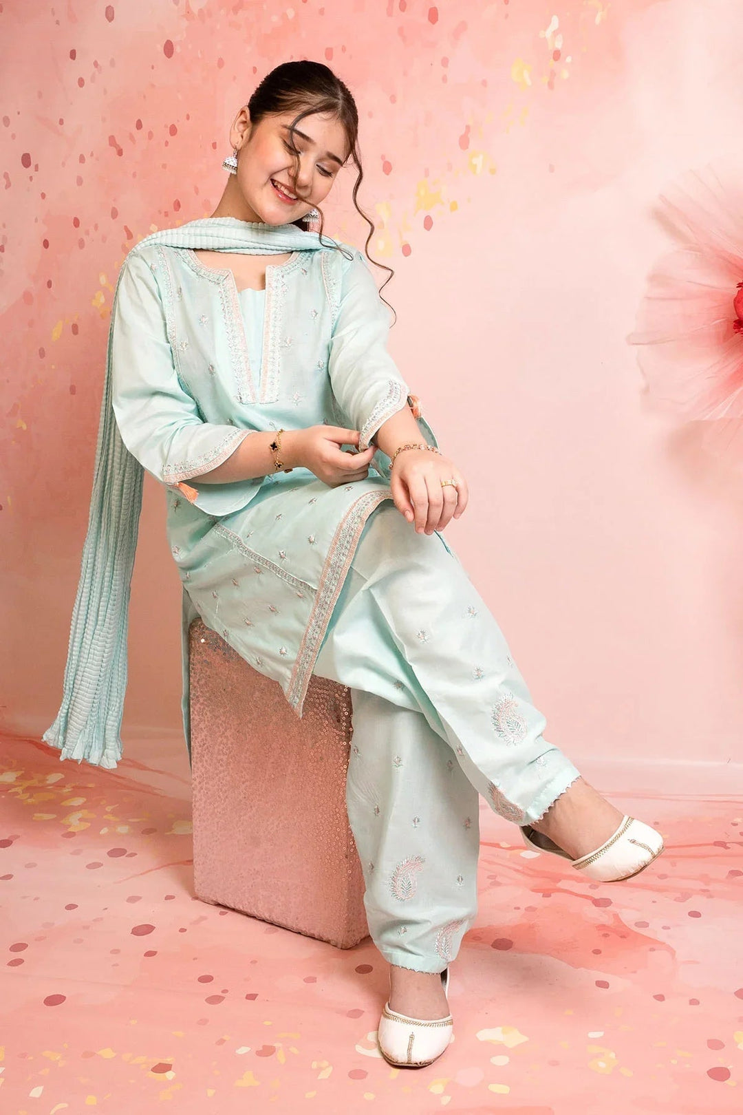 Ochre Girls RTW Cotton 3 Piece Suit Mint Cotton Kurta With Embroidery - Festive Collection