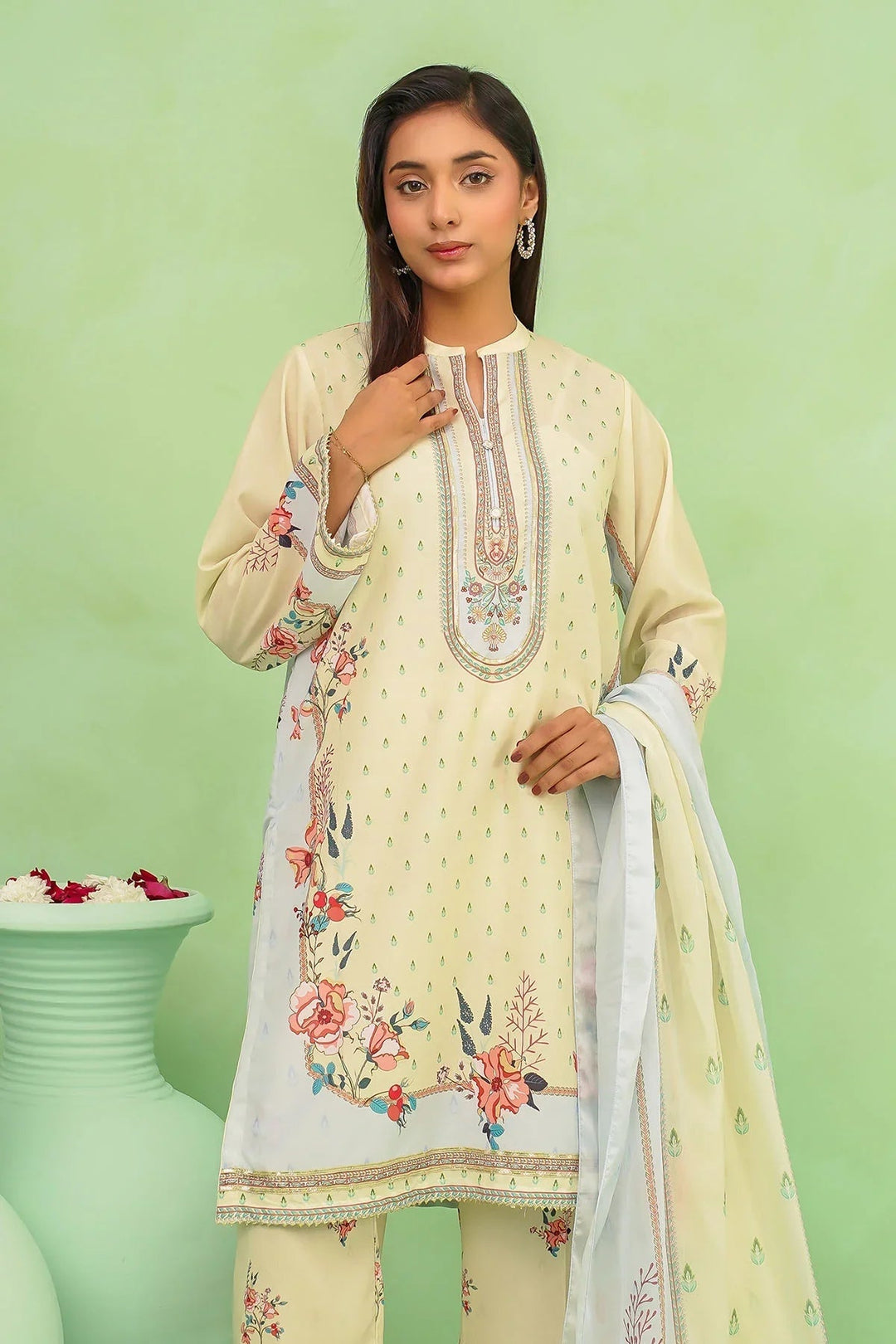 Ochre Women RTW Georgette 3 Piece Suit Lime Yellow Georgette Digital Printed 3 Pc Suit - Festive Collection