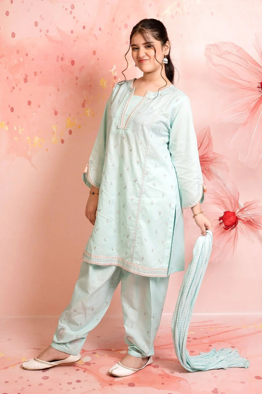 Ochre Girls RTW Cotton 3 Piece Suit Mint Cotton Kurta With Embroidery - Festive Collection