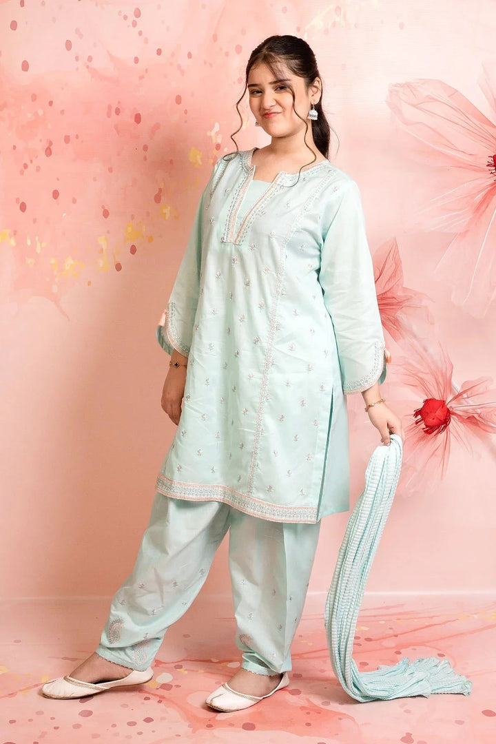 Ochre Girls RTW Cotton 3 Piece Suit Mint Cotton Kurta With Embroidery - Festive Collection