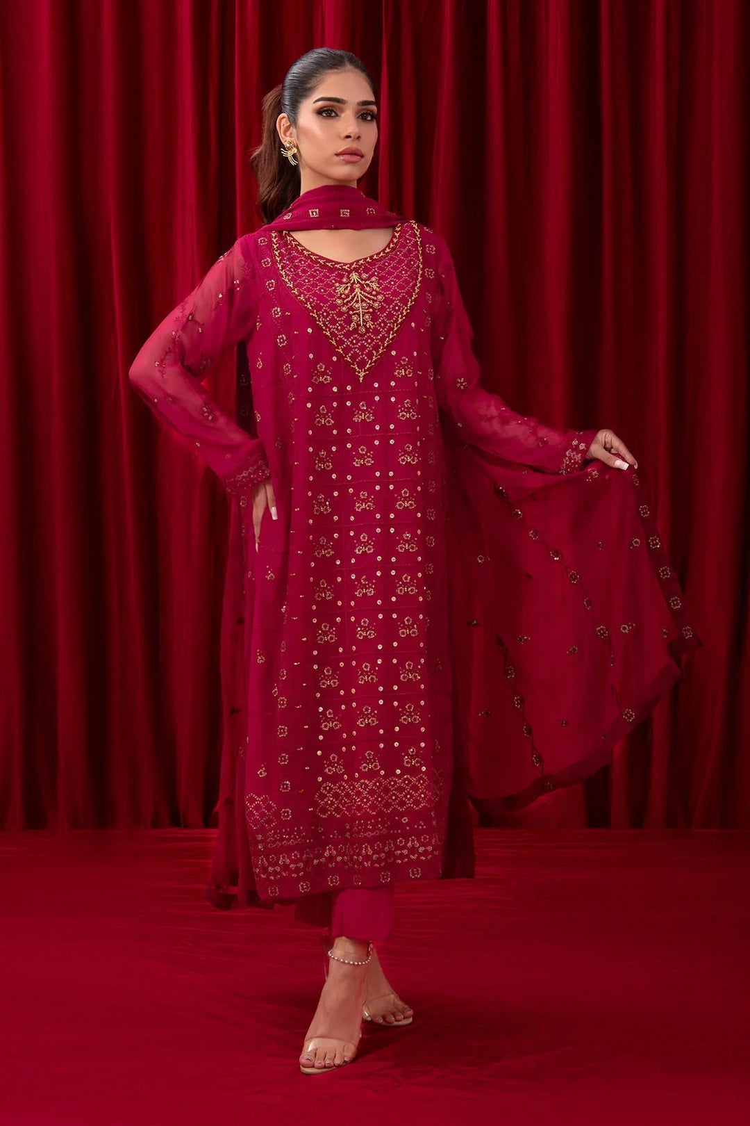 Ochre RTW Embroidered Girls 3 Piece Chiffon Adda Work SOF-01 - Summer Collection