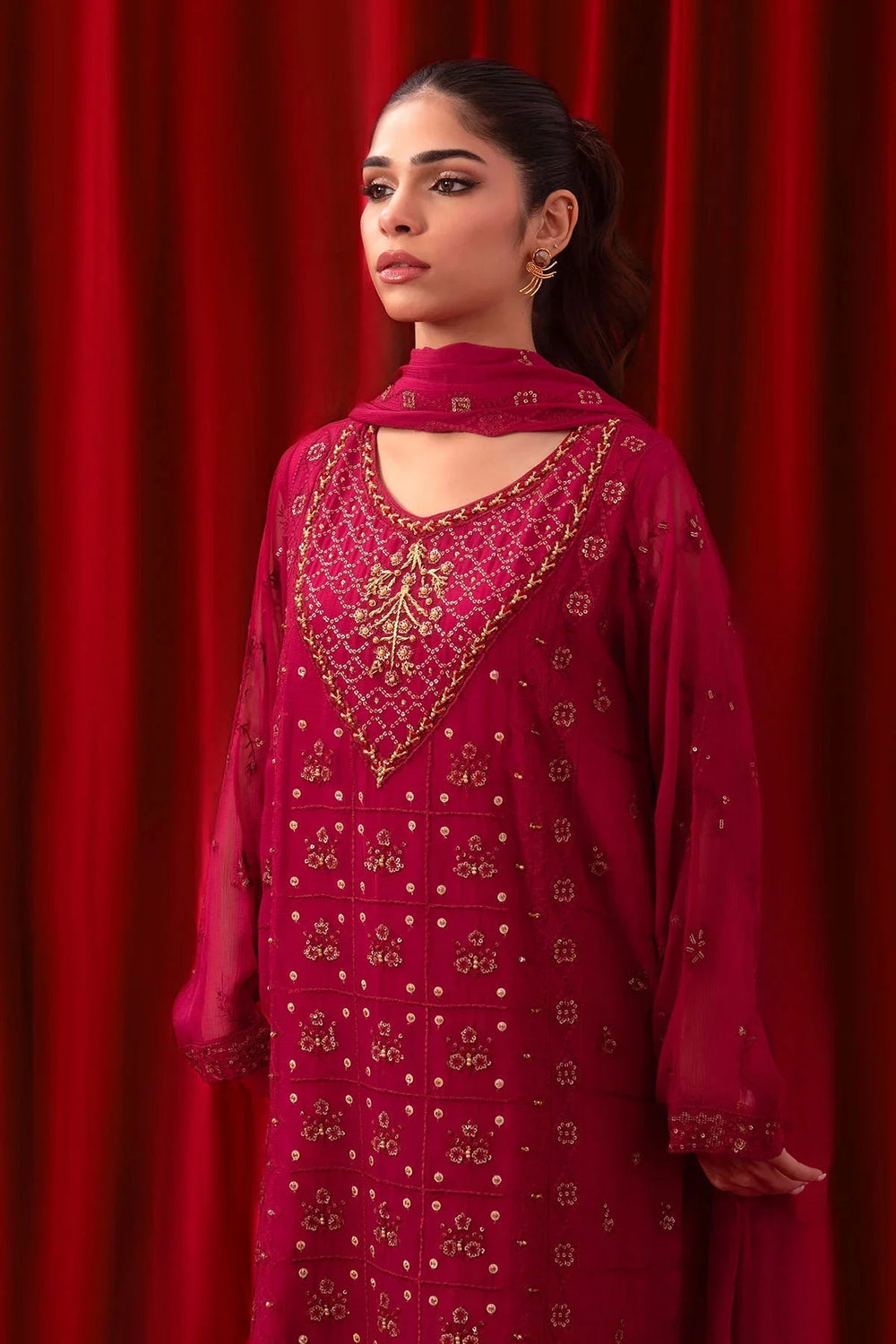 Ochre RTW Embroidered Girls 3 Piece Chiffon Adda Work SOF-01 - Summer Collection