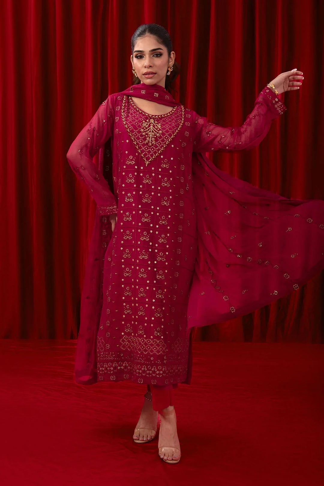 Ochre RTW Embroidered Girls 3 Piece Chiffon Adda Work SOF-01 - Summer Collection